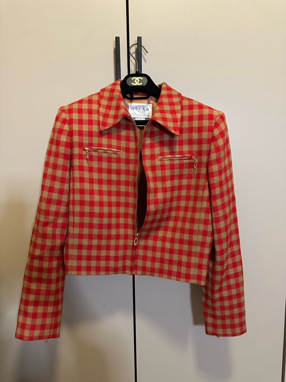 OSCAR DE LA RENTA checked wool tweed Red Beige Check Zip-Up Jacket Size 6